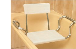 SEDILE ALLUNGABILE PER VASCA IN PLASTICA REGOLABILE CON SCHIENALE. TELAIO D'ACCIAIO CROMATO E PIANO DI SEDUTA IN MOPLEN CON 2 NERVATURE PER FISSARLO AL TELAIO.PORTATA MASSIMA 100KG - Farmacia Mortise
