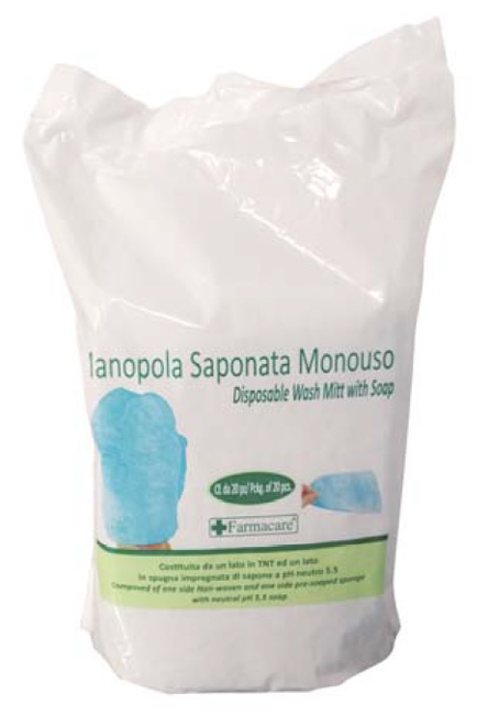 MANOPOLA MONOUSO PER LAVAGGI PARZIALI COMPOSTA DA UNA SPUGNA IN POLIESTERE SAPONATA E DA UN DRAPPO IN TESSUTO NON TESSUTO SENZA RISCIACQUO DETERGENTE A PH ISOCUTANEO - Farmacia Mortise