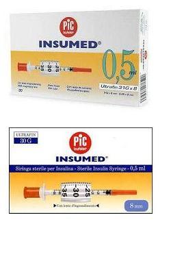 SIRINGA PER INSULINA PIC INSUMED 0,5 ML 100 UI AGO GAUGE 30 LUNGHEZZA 8 MM SENZA SPAZIO MORTO 3 SACCHETTI DA 10 PEZZI - Farmacia Mortise