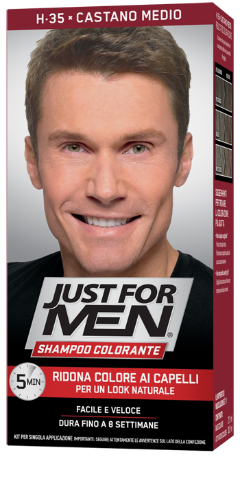 JUST FOR MEN SHAMPOO COLORANTE H35 CASTANO MEDIO ATTIVATORE CHIARO 38,5 ML + BASE COLORE 27,5 ML - Farmacia Mortise