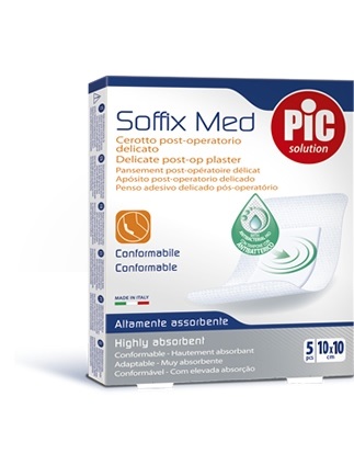 CEROTTO PIC SOFFIX MED IN TNT CON TAMPONE CENTRALE ASSORBENTE STERILE MONOUSO 10X10 CM ANTIBATTERICO 5 PEZZI - Farmacia Mortise