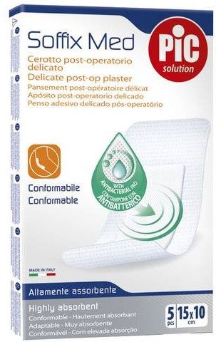 CEROTTO PIC SOFFIX MED IN TNT CON TAMPONE CENTRALE ASSORBENTE STERILE MONOUSO 10X15 CM ANTIBATTERICO 5 PEZZI - Farmacia Mortise