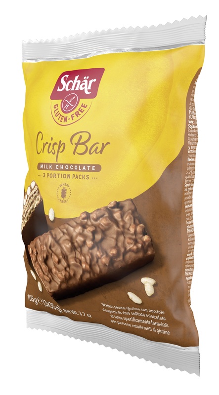 SCHAR CRISP BAR WAFERS CON NOCCIOLE RICOPERTI DI RISO SOFFIATO E CIOCCOLATO AL LATTE 3 PORZIONI DA 35 G - Farmacia Mortise