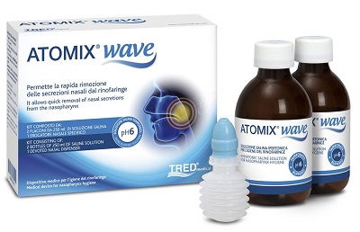 ATOMIX WAVE DISPOSITIVO PER IGIENE RINOFARINGEA ATOMIX SOLUZIONE SALINA 250 ML 2 PEZZI + TERMINALE NASALE + EROGATORE A SOFFIETTO - Farmacia Mortise