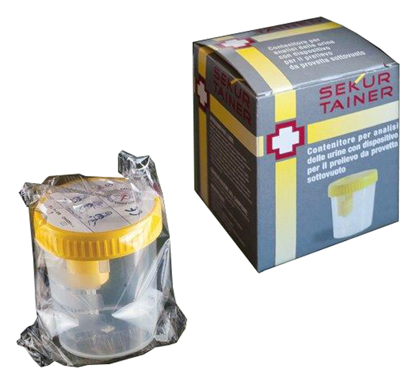CONTENITORE PER URINA SEKUR TRAINER CON TAPPO A VITE E SONDA PER PRELIEVO DA PROVETTA SOTTOVUOTO 120ML - Farmacia Mortise