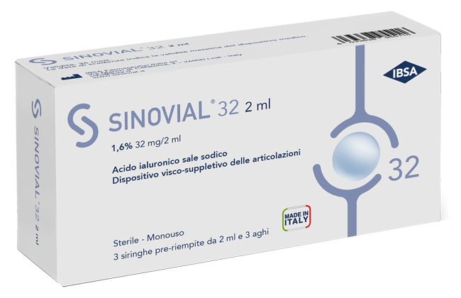 SIRINGA INTRA-ARTICOLARE SINOVIAL 32 ACIDO IALURONICO SALE SODICO 1,6% 32MG/2ML 3 SIRINGHE X 2ML + 3 AGHI - Farmacia Mortise