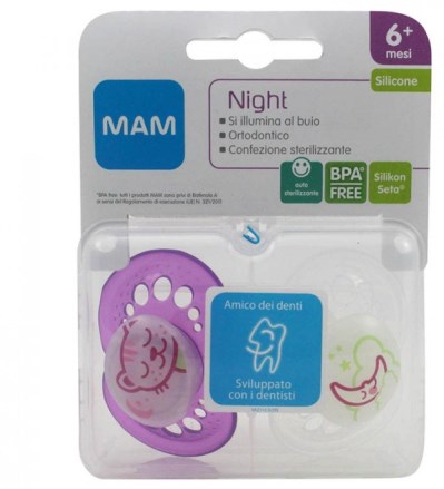MAM NIGHT SUCCHIETTO 6+ SILICONE CONFEZIONE DOPPIA - Farmacia Mortise