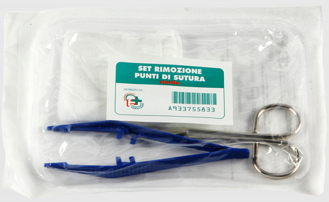 SET PER LA RIMOZIONE DEI PUNTI DI SUTURA COMPOSTO DA 1 FORBICE 1 PINZETTA 2 COMPRESSE DI GARZA DI COTONE - Farmacia Mortise