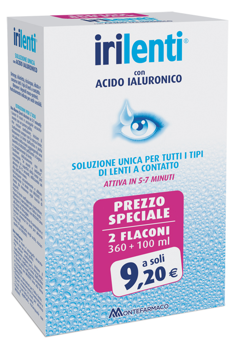 SOLUZIONE UNICA PER LENTI A CONTATTO IRILENTI CON ACIDO IALURONICO 2 FLACONI DA 360 ML + 100 ML - Farmacia Mortise