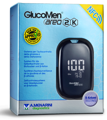 GLUCOMETRO GLUCOMEN AREO 2K PER AUTOMISURAZIONE DELLA GLICEMIA DA SANGUE INTERO CAPILLARE DIMENSIONE 85,5X56X18,2 MM PESO 46 G - Farmacia Mortise