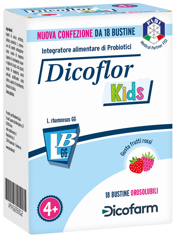 DICOFLOR KIDS 18 BUSTINE OROSOLUBILI GUSTO FRUTTI ROSSI - Farmacia Mortise