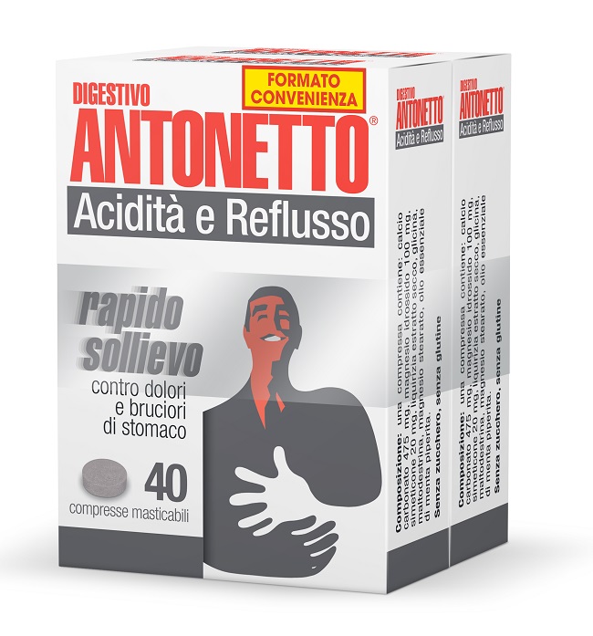 DIGESTIVO ANTONETTO ACIDITA' E REFLUSSO 80 COMPRESSE MASTICABILI 2 ASTUCCI DA 40 COMPRESSE - Farmacia Mortise