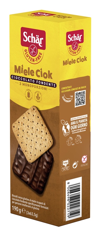 SCHAR MIELE CIOK BISCOTTI AL MIELE RICOPERTI DI CIOCCOLATO FONDENTE 3 PORZIONI DA 63,5 G - Farmacia Mortise
