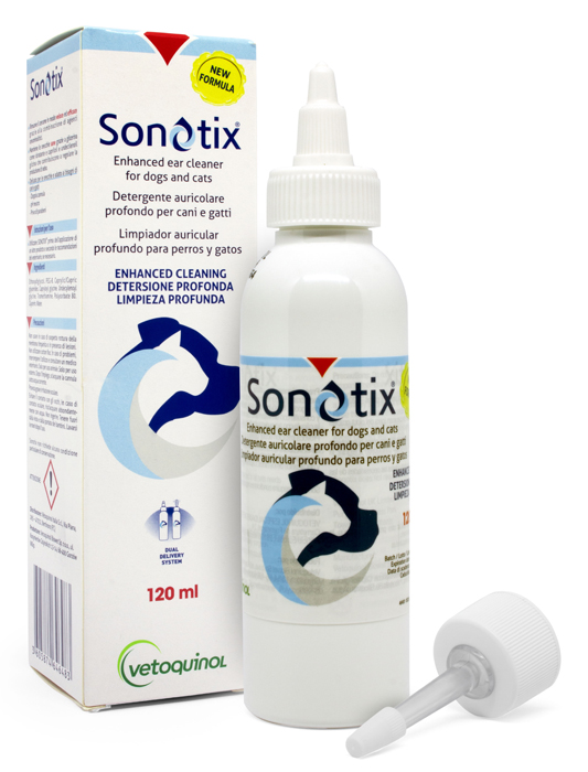 SONOTIX DETERGENTE AURICOLARE PROFONDO CANI E GATTI 120 ML + CANNULA CORTA RIGIDA + CANNULA LUNGA FLESSIBILE - Farmacia Mortise