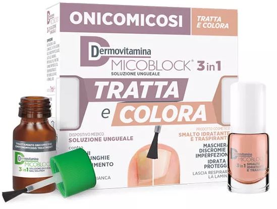 DERMOVITAMINA MICOBLOCK 3 IN 1 TRATTA E COLORA SOLUZIONE UNGUEALE 7 ML + SMALTO IDRATANTE TRASPIRANTE 5 ML - Farmacia Mortise