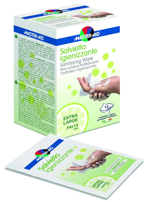 MASTER-AID SAVIETTA IMPREGNATA DI SOLUZIONE IGIENIZZANTE XL 12 PEZZI - Farmacia Mortise