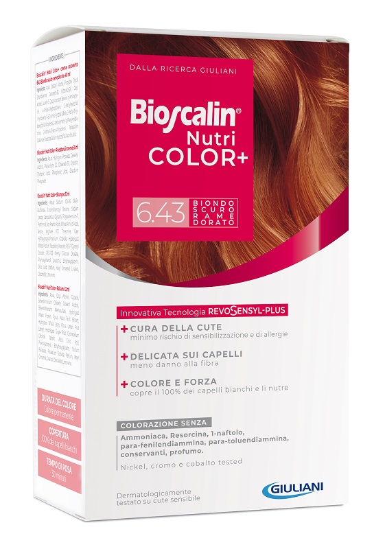 BIOSCALIN NUTRICOLOR PLUS 6,43 BIONDO SCURO RAME DORATO CREMA COLORANTE 40 ML + RIVELATORE CREMA 60 ML + SHAMPOO 12 ML + TRATTAMENTO FINALE BALSAMO 12 ML - Farmacia Mortise