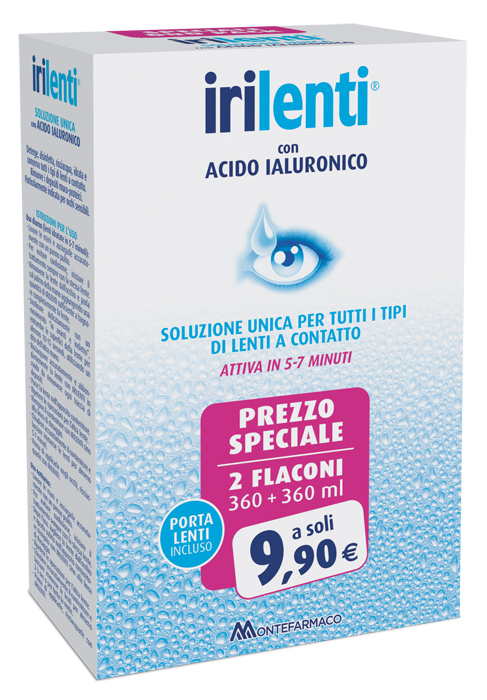 SOLUZIONE UNICA PER LENTI A CONTATTO IRILENTI CON ACIDO IALURONICO 2 FLACONI DA 360 ML + 360 ML - Farmacia Mortise