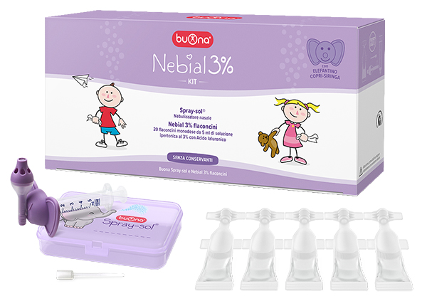NEBIAL 3% KIT 20 FLACONCINI MONODOSE 5ML SOLUZIONE IPERTONICA CON ACIDO IALURONICO + NEBULIZZATORE SPRAY-SOL - Farmacia Mortise