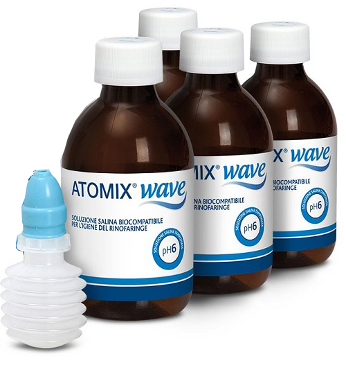 ATOMIX WAVE DISPOSITIVO PER IGIENE RINOFARINGEA ATOMIX SOLUZIONE SALINA 4 FLACONI DA 250 ML - Farmacia Mortise