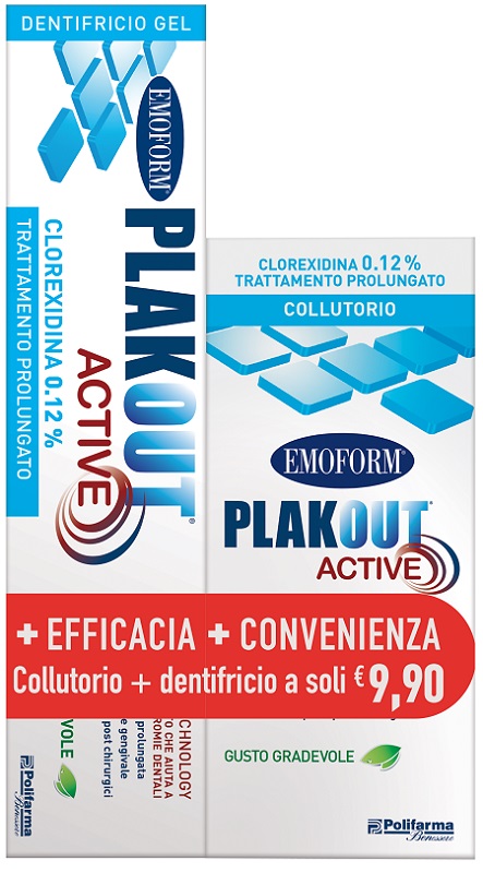 EMOFORM PLAK OUT ACTIVE CLOREXIDINA 0,12% COLLUTORIO 200 ML + DENTIFRICIO 75 ML - Farmacia Mortise