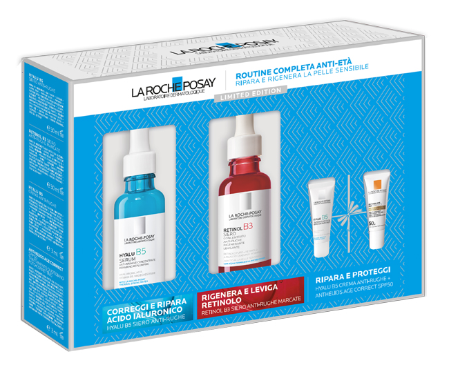 HYALU SIERO 30 ML + RETINOL 30 ML NATALE 23 1 HYALU B5 SIERO ANTI RUGHE 30 ML + 1 RETINOL B3 SIERO ANTI RUGHE MARCATE 30 ML + 1 HYALU B5 CREMA ANTI RUGHE 3 ML - Farmacia Mortise