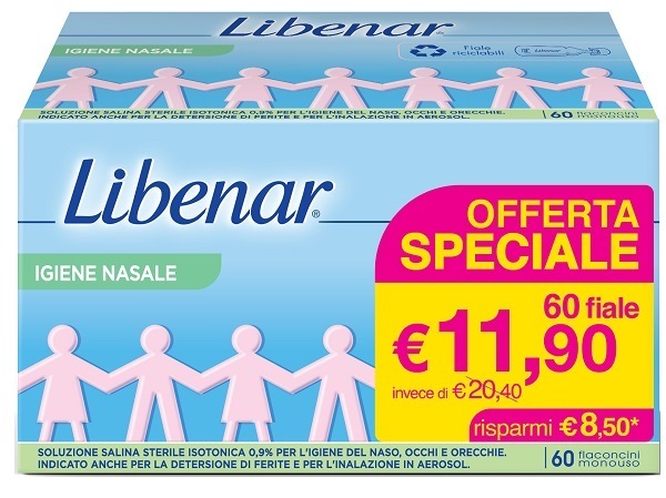 SOLUZIONE SALINA ISOTONICA 0,9% LIBENAR PER IGIENE NASALE 60 FLACONCINI MONOUSO X 5 ML - Farmacia Mortise
