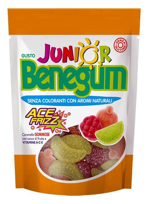 BENEGUM JUNIOR ACE FRIZZ CARAMELLE GOMMOSE CON SUCCO DI FRUTTA E VITAMINE A C E 90 G - Farmacia Mortise
