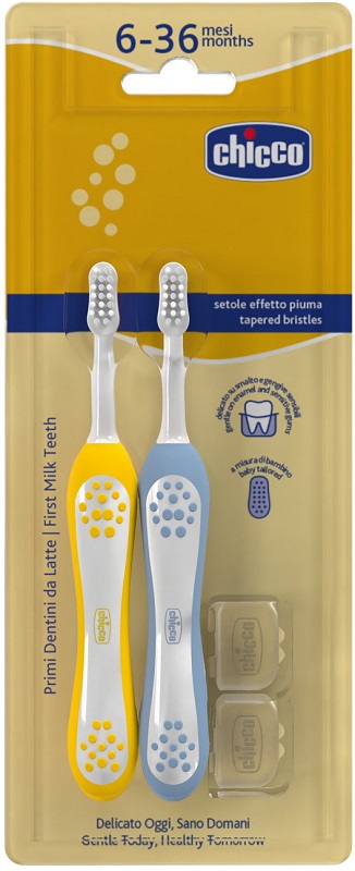 CHICCO SPAZZOLINO 6-36 MESI+DOPPIO AZZURRO-GIALLO - Farmacia Mortise